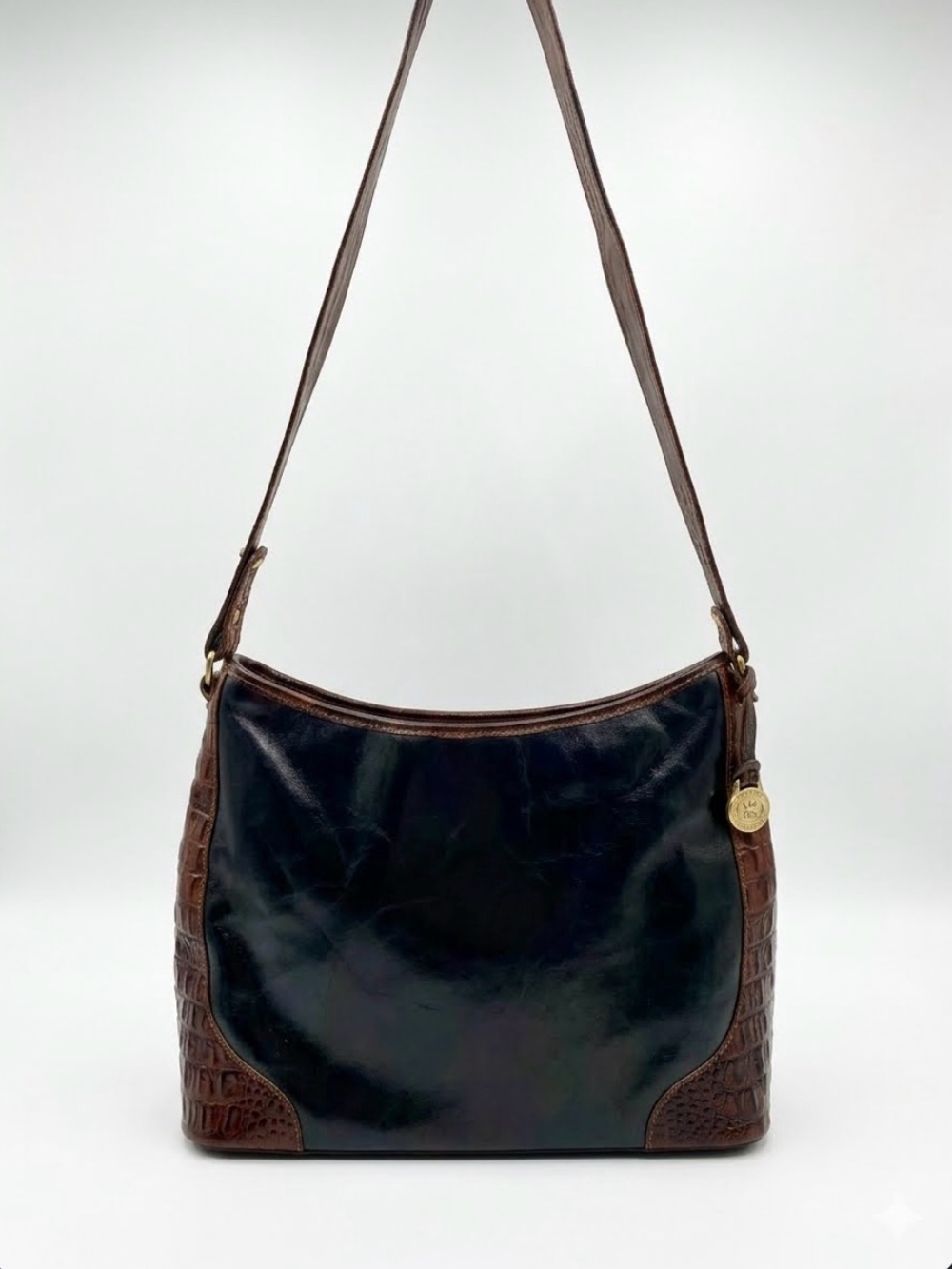 Brahmin Black Leather Shoulder Bag with Brown Croc-Embossed Trim